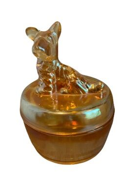 Vintage Jeanette Iridescent Amber Carnival Glass Terrier Trinket Dish